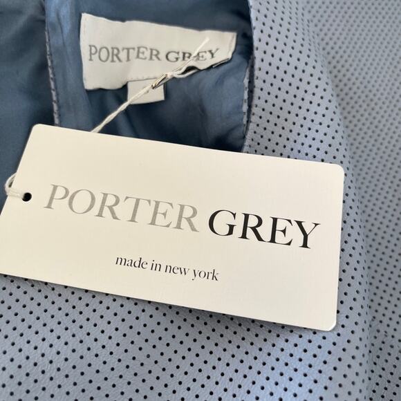 Porter Grey  Perforated Cocoon Hydrangea Leather Mini Blue Dress Size 0 NWT - Picture 7 of 10